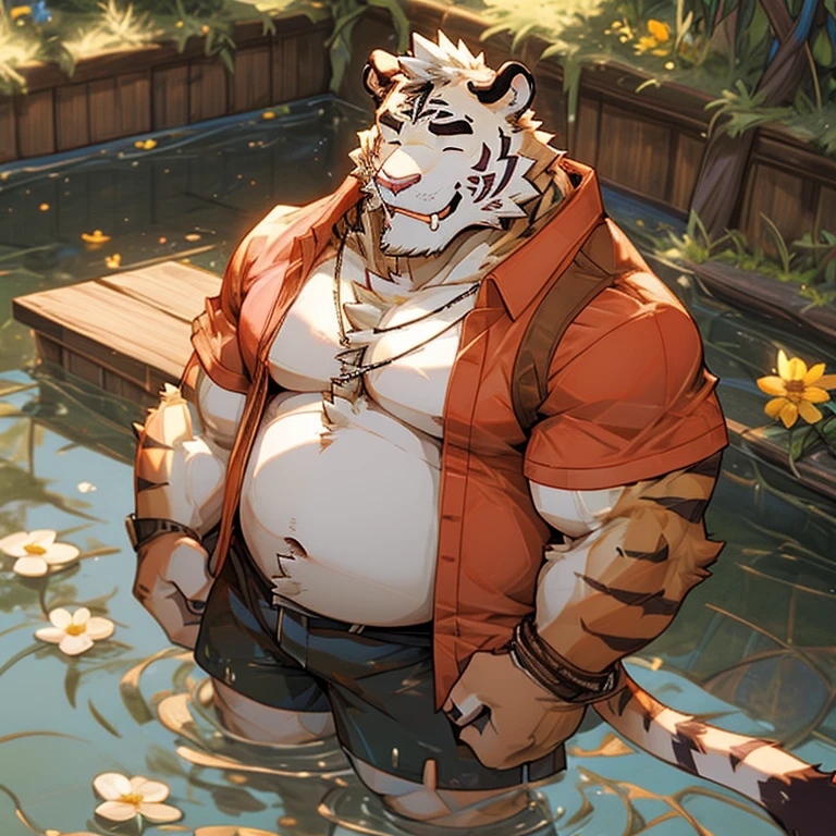 alone, smile, short hair, shirt, navel, animal ears, flower, male focus, open clothing, shorts, water, stomach, tree, open shirt, muscular, scar, sunglasses, pecs, muscular male, red shirt bara, belly, big pecs, chubby, eye scar, face scar, furry, hairy male, hawaiian shirt, male swimsuit, palm tree, scar on arm, tiger, tiger ears, wading, white fur , flower necklace,eyes closed,