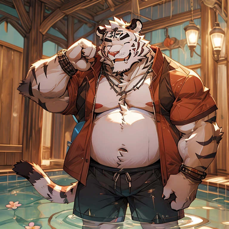 alone, smile, short hair, shirt, navel, animal ears, flower, male focus, open clothing, shorts, water, stomach, tree, open shirt, muscular, scar, sunglasses, pecs, muscular male, red shirt bara, belly, big pecs, chubby, eye scar, face scar, furry, hairy male, hawaiian shirt, male swimsuit, palm tree, scar on arm, tiger, tiger ears, wading, white fur , flower necklace,eyes closed,