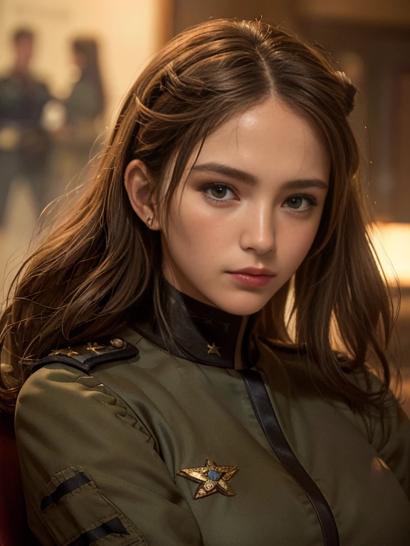 realistic,polite attire,(Fighter Action War Movie Poster),(Foundation Film Reference: 1.8),realistic,Air Force general uniform,(realistic face resolution),Movie Poses,adult,skinny,big,Dark blonde woman with long hair,serious face,SF,SF,Mr.々Supporting characters