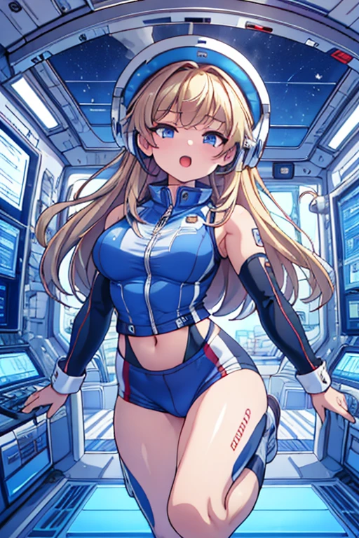 top-quality,Top image quality,in 8K,4K,masterpiece,ultra-detailliert,Beautiful,ultra-quality, best quality,high resolution, ultra-detailed,game cg,dutch angle,(acrobatic pose):5,jumping:5,(inside spacestation,)beautiful detailed eyes,five fingers,headphone,nsfw,a beauty girl,(astrovest):5,(track uniforms),wet,(steam:1.5),Running form,open open mouth,(blonde hair),(long hair):2,Navel,space_station_interior, exercise_room, futuristic, high_technology, zero_gravity_exercise_equipment, high_resolution_landscape, sleek_design, minimalistic, 8K_resolution, game_cg_style, Dutch_angle, detailed_character, track_uniform, perfect_running_form, intense_expression, detailed_eyes, determination, steam:1.5, beauty, strength, five_fingers, visible_navel, open_mouth, ultra_quality, high_resolution, ultra_detailed,astrovest