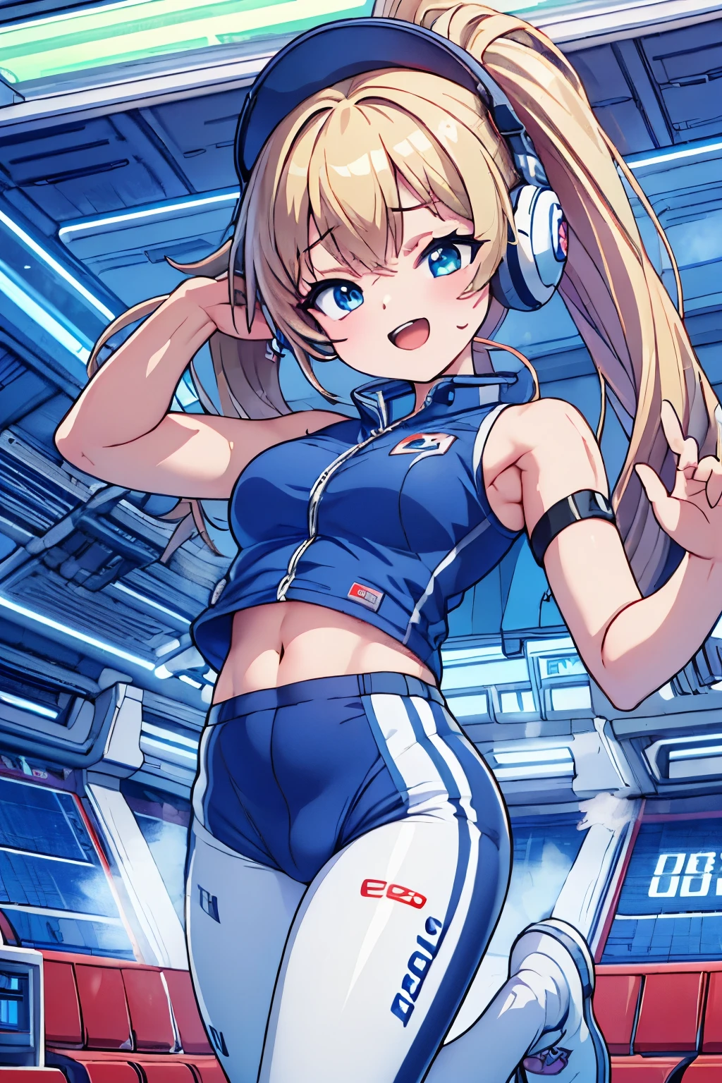 top-quality,Top image quality,in 8K,4K,​masterpiece,ultra-detailliert,Beautiful,ultra-quality, best quality,high resolution, ultra-detailed,game cg,dutch angle,(acrobatic pose):5,jumping:5,(inside spacestation,)beautiful detailed eyes,five fingers,headphone,nsfw,a beauty girl,(astrovest):5,(track uniforms),wet,(steam:1.5),Running form,open open mouth,(blonde hair),(long hair):2,Navel,space_station_interior, exercise_room, futuristic, high_technology, zero_gravity_exercise_equipment, high_resolution_landscape, sleek_design, minimalistic, 8K_resolution, game_cg_style, Dutch_angle, detailed_character, track_uniform, perfect_running_form, intense_expression, detailed_eyes, determination, steam:1.5, beauty, strength, five_fingers, visible_navel, open_mouth, ultra_quality, high_resolution, ultra_detailed,astrovest