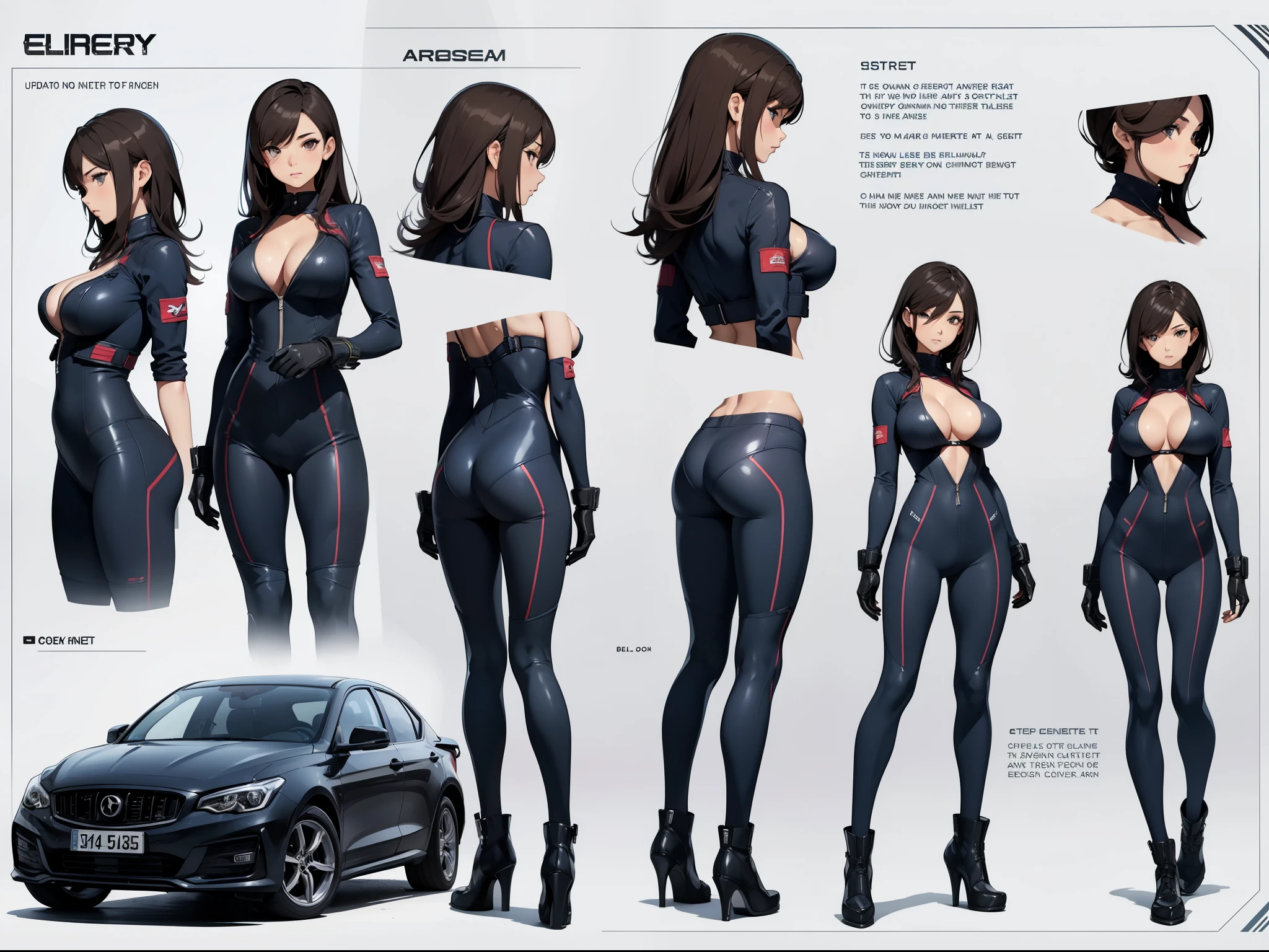 1girl, Solo, Slender, big breasts, beautiful, Young,  woman, Coveralls,a repairman, tight suit, navel, cleavage, Car, garage, various angles, (front, back, side), character sheet, model sheet, reference sheet.