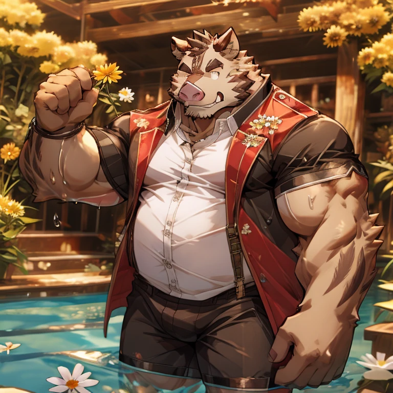 alone, smile, short hair, shirt, navel, animal ears, flower, male focus, open clothing, shorts, water, stomach, tree, open shirt, muscular, scar, sunglasses, pecs, muscular male, red shirt bara, belly, big pecs, chubby, eye scar, face scar, furry, hairy male, hawaiian shirt, male swimsuit, palm tree, scar on arm, wild boar, wild boar ears, wading, white fur , flower necklace,