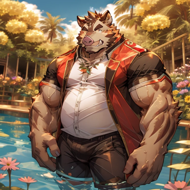 alone, smile, short hair, shirt, navel, animal ears, flower, male focus, open clothing, shorts, water, stomach, tree, open shirt, muscular, scar, sunglasses, pecs, muscular male, red shirt bara, belly, big pecs, chubby, eye scar, face scar, furry, hairy male, hawaiian shirt, male swimsuit, palm tree, scar on arm, wild boar, wild boar ears, wading, white fur , flower necklace,