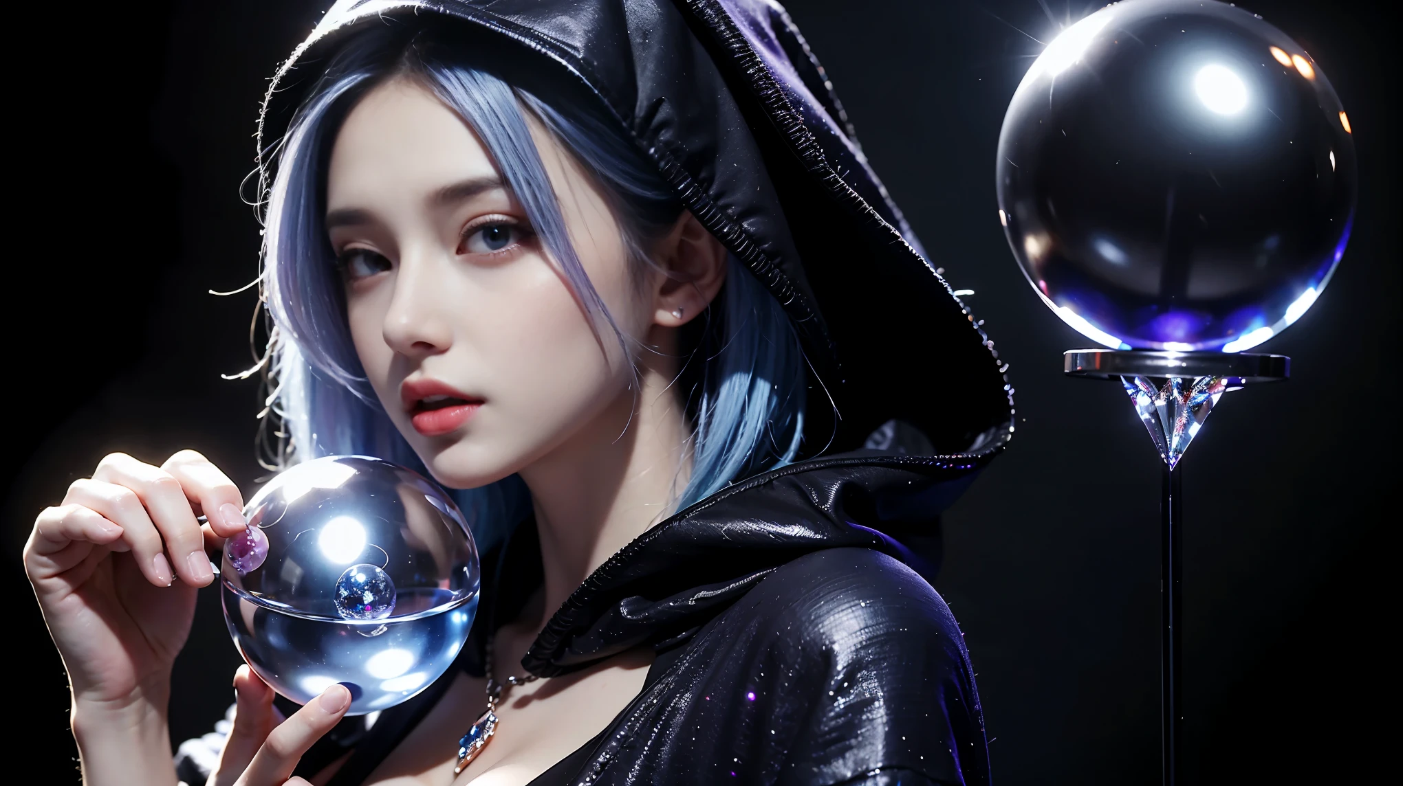 （and soul）（secondary elements）1 girl、blue hair、hair length、blue eyes、Gradient eyes、sparkling eyes、bright pupils、Finely tuned、expressive eyes、blue clothes、gem、blue lighting、blue theme、（form：1.5）、abstract、highest quality、Super detailed、(((Holding a crystal ball)))、8K,超realistic,(table top, highest quality) Daniela Dimitrescu, 1 female, looking for at Viewer, open your mouth, background, cleavage, real looking skin,jewelry, medium small breasts,  looking for, Upper body, flower, wing, hood, necklace, cape, good, compensate, bug, Lipstick, Inside the Black Cave, Precious stones, pale skin, veil, hood up, realistic, black lips,超A high resolution,Purple Flame(Purple Effect)