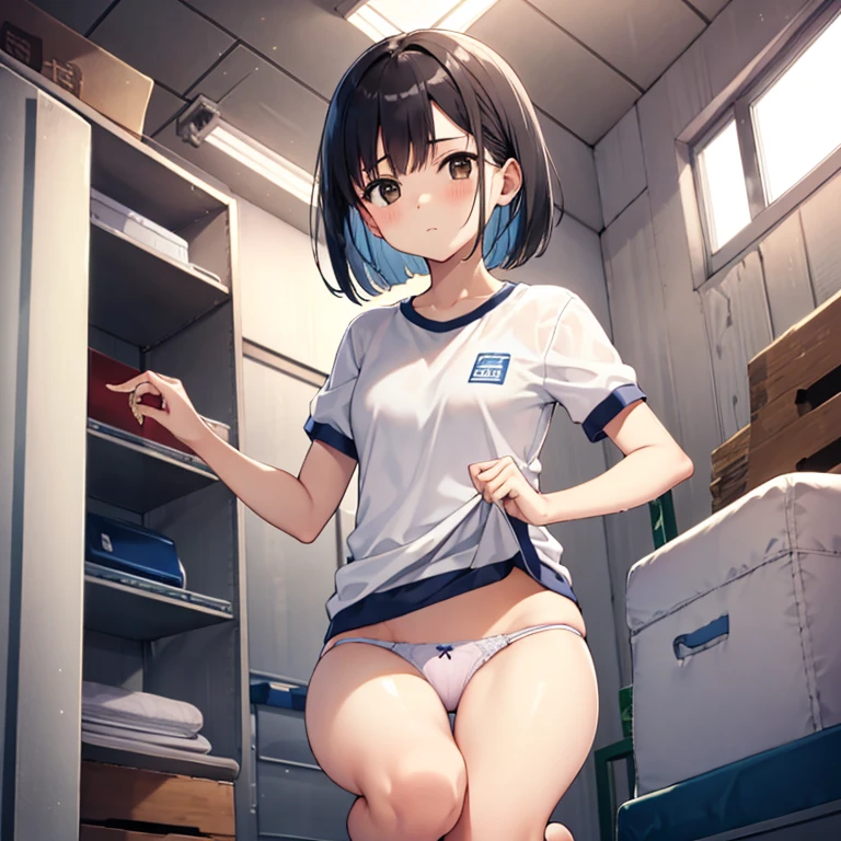 floorにsit女の子、あぐらをかいてsquat女の子、squat、physical education sitting、sit、Crouching、floor、gym storeroom, bob cut、short cut hair、black hair、brown eyes, straight hair、 girl、clenched fist、white panties、white gym uniform、Panty peek, good, Wet, from below、Folded gym clothes、topless、small breasts、embarrassing