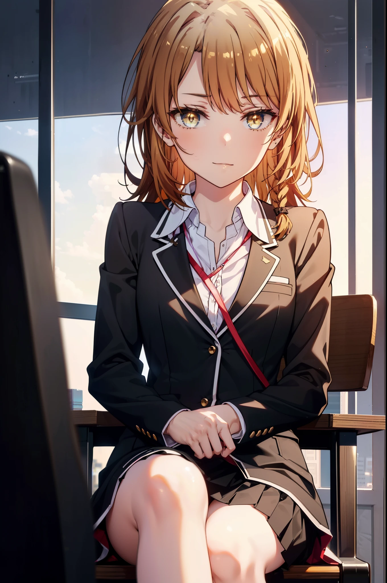 irohaisshiki, iroha isshiki, long hair, brown hair, (brown eyes:1.5), happy smile, smile, open your mouth,OL, red glasses,ponytail,short braided hair, black suit jacket, collared jacket, white dress shirt, collared shirt, neckline, button, strap, ID card on neck, black pencil skirt, black pantyhose, stiletto heels,There is a computer on the desk.,sitting cross-legged on a chair,interior,noon,Clear skies,window building street,
break indoors, office,
break looking at viewer,(cowboy shot:1. 5)
break (masterpiece:1.2), highest quality, High resolution, unity 8k wallpaper, (figure:0.8), (detailed and beautiful eyes:1.6), highly detailed face, perfect lighting, Very detailed CG, (perfect hands, perfect anatomy),