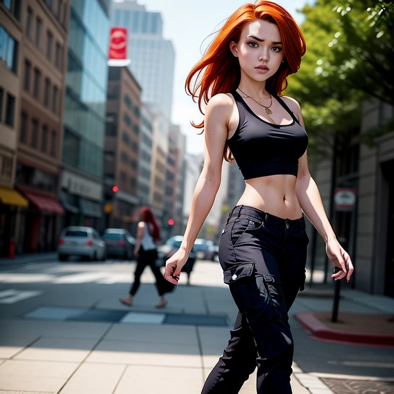 Masterpiece, best quality, detailed face, Kim Possible, black tank top, midriff, cleavage, walking, cargo pants, black shoes, red hair, looking at viewer, sexy smirk, in a city, perfect hands