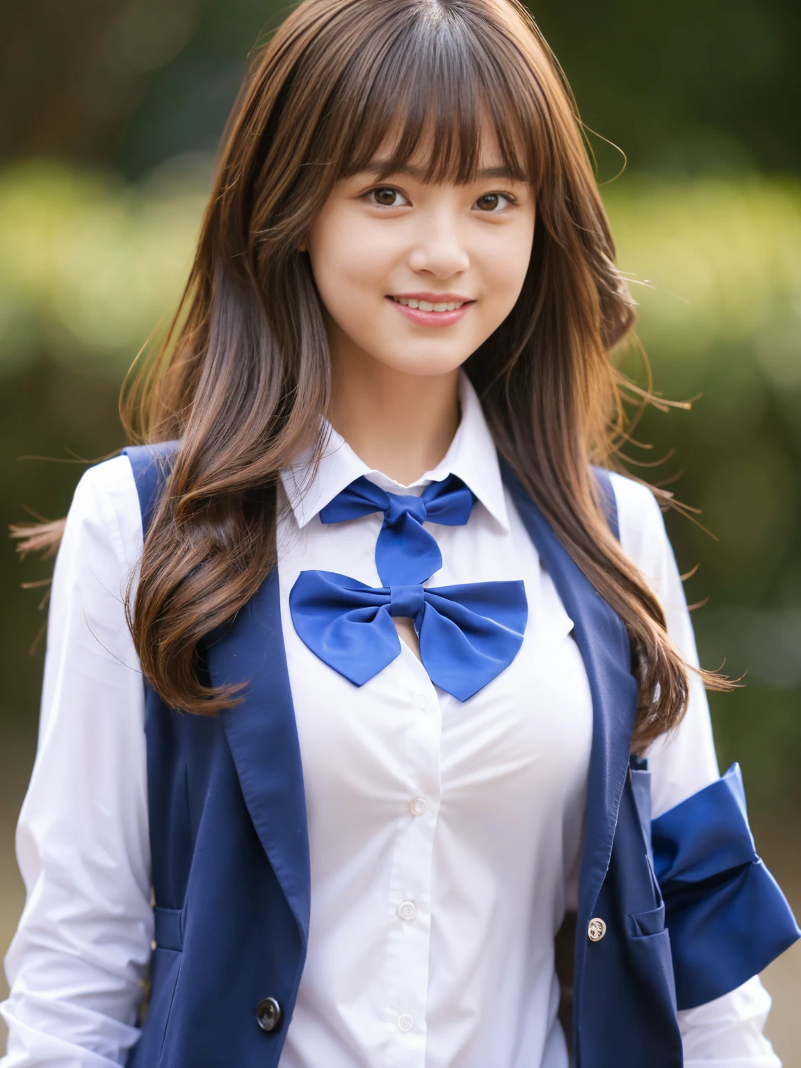 1girl, solo, long hair, breasts, looking at viewer, smile, bangs, large breasts, brown hair, shirt, bow, brown eyes, , jacket, white shirt, upper body, collared shirt, bowtie, blue bow, blazer, blue bowtie