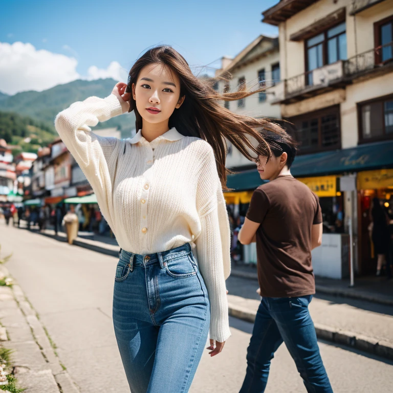 A 25-year-old Asian woman looked straight at him.,)   Long hair blows up in the wind.,)) Wear a denim shirt and tight jeans.,))  Wear black boots Wear black boots,}] Standing walking action on the seaside in the mountains (very detailed หน้าสวย of one young girl), Beautiful appearance and best quality.:1.4), (Superb details), (Dende wallpaper 8K), very detailed, High-resolution RAW color photography, Professional photography, photorealistic, Wonderful face and eyes, brown eyes, in 8K、Shot with the most modern, high quality Fuji camera, 45 resolution.,000,000 Chili Cell,