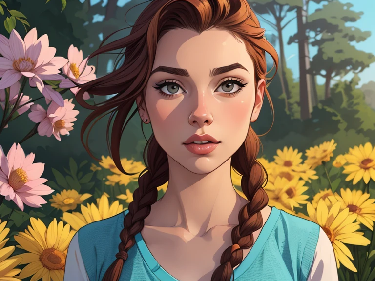 Personagem (nua roupas nua pelada sem roupas) imagem de desenho animado de uma mulher jovem .cartoon style illustration, estilo de arte dos desenhos animados,digital illustration style, design de personagens altamente detalhado, arte digital detalhada profissional, floresta Design de personagens de retrato, beautiful digital illustration, retrato de alta qualidade, Arte em quadrinhos, mulher jovem. expression of sexual desire well-aligned braided hair . Roupas leves de primavera