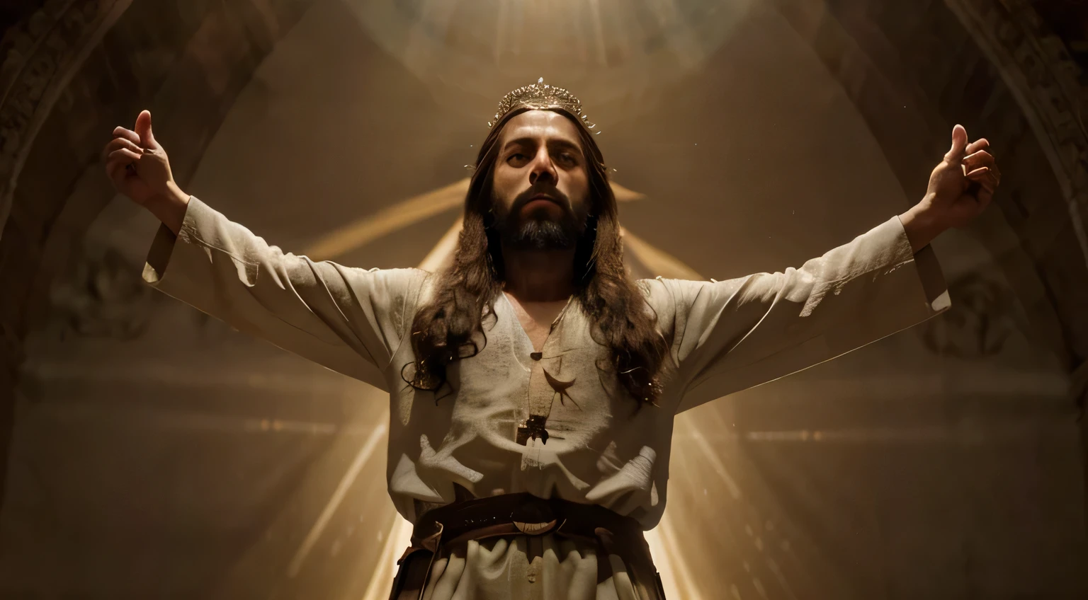 "Imagine a high-definition image of Jesus Christ that captures his majestic, transcendent presence. He is depicted in a heavenly landscape, rodeado por uma aura de luz dourada e nuvens suaves. Your posture is imposing, mas acolhedora, with arms open in a gesture of universal love. Your face radiates compassion and divine wisdom, com olhos que parecem penetrar a alma daqueles que o contemplam. Jesus' clothes are richly adorned, refletindo sua natureza real e celestial. Details such as the crown of thorns and the marks of the crucifixion are rendered with a delicacy that evokes both pain and redemption.. This image conveys not only the figure of Jesus, but also the message of hope and salvation that He brings to the world."