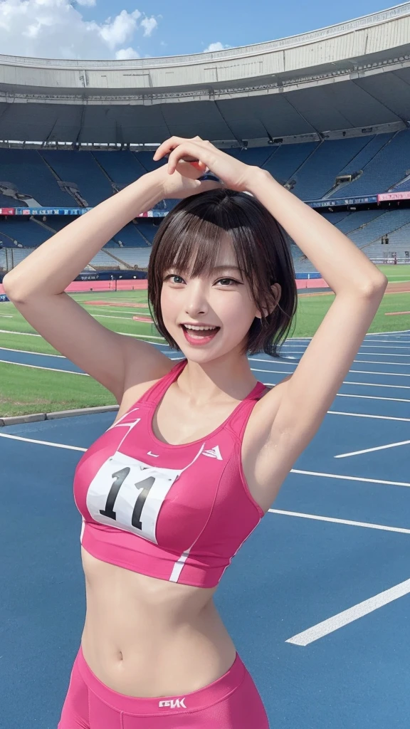 The beauty of 8K raw photos:2.0, short hair, great face and dark eyes, Turn around and look at the camera,(laughter:1.6), show teeth, show your armpits, stretching exercises, dynamic pose, vivid pose,(colorful sportswear:1.2),On the track of the athletics stadium,wear sneakers:1.4, Photoreal:1.9, very detailed CG 統合 8k 壁紙, very detailed, High-definition RAW color photo, professional photos,facing forward,This was taken on the track at an athletics stadium., girl portrait,