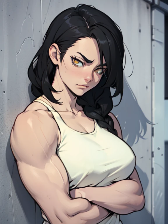 sad girl muscular girl sad girl muscular girl black hair yellow eyes pale skin breasts drop shadow