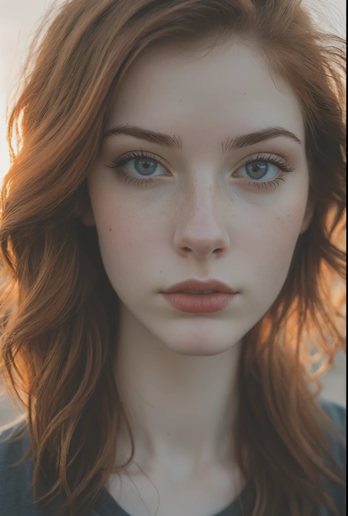 Cropped out face, A up close selfie photo of a half american half french 17 year old white pale skin, auburn hair,  showing cleavage, ultra detailed, dramatic, atmospheric, Masterpiece cinematic, clarity, 16mm, color graded portra 400 film, remarkable color, lip gloss, eyeliner, tattoos, hair follicles, subcutaneous veins, (cellulite), warm sunset on the northern coast of France