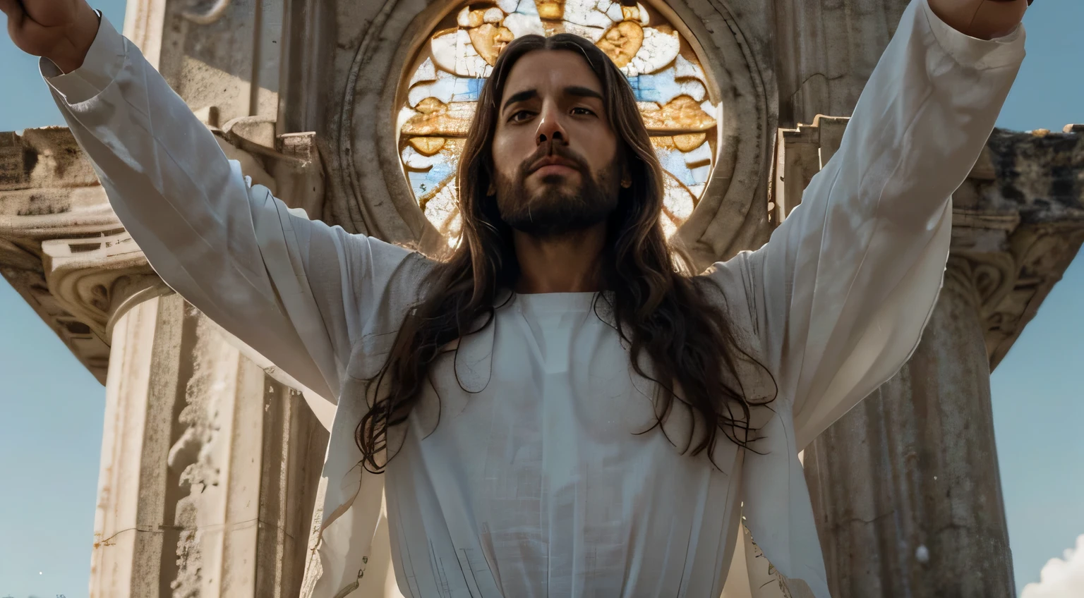 "Imagine a high-definition image of Jesus Christ that captures his majestic, transcendent presence. He is depicted in a heavenly landscape, rodeado por uma aura de luz dourada e nuvens suaves. Your posture is imposing, mas acolhedora, with arms open in a gesture of universal love. Your face radiates compassion and divine wisdom, com olhos que parecem penetrar a alma daqueles que o contemplam. Jesus&#39; clothes are richly adorned, refletindo sua natureza real e celestial. Details such as the crown of thorns and the marks of the crucifixion are rendered with a delicacy that evokes both pain and redemption.. This image conveys not only the figure of Jesus, but also the message of hope and salvation that He brings to the world."