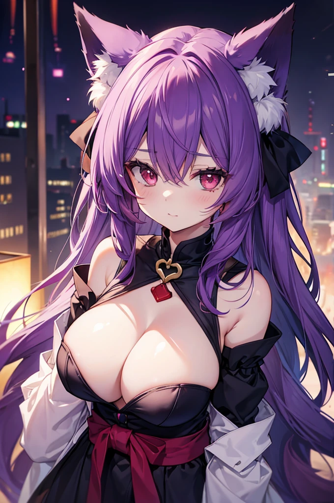 fox girl, big breasts, purple hair, masterpiece , red eyes, hd, Head to Chest, buried in my chest、underboob