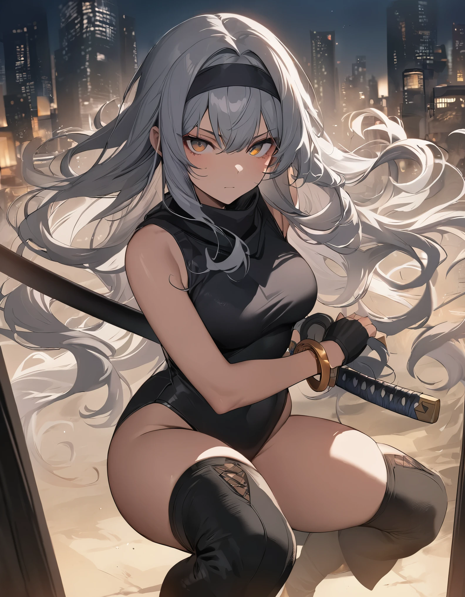 masterpiece, best quality, 1girl, grey hair, shoulder length hair, wavy hair, black hairband, auburn eyes, beautiful detailed eyes, beautiful detailed face, cute face, stoic, professional, ninja, black leotard, black tactical gloves, bare legs, gold bracelets, black thigh-high boots, using katana blade, scabbard, cityscape, night, noir atmosphere.