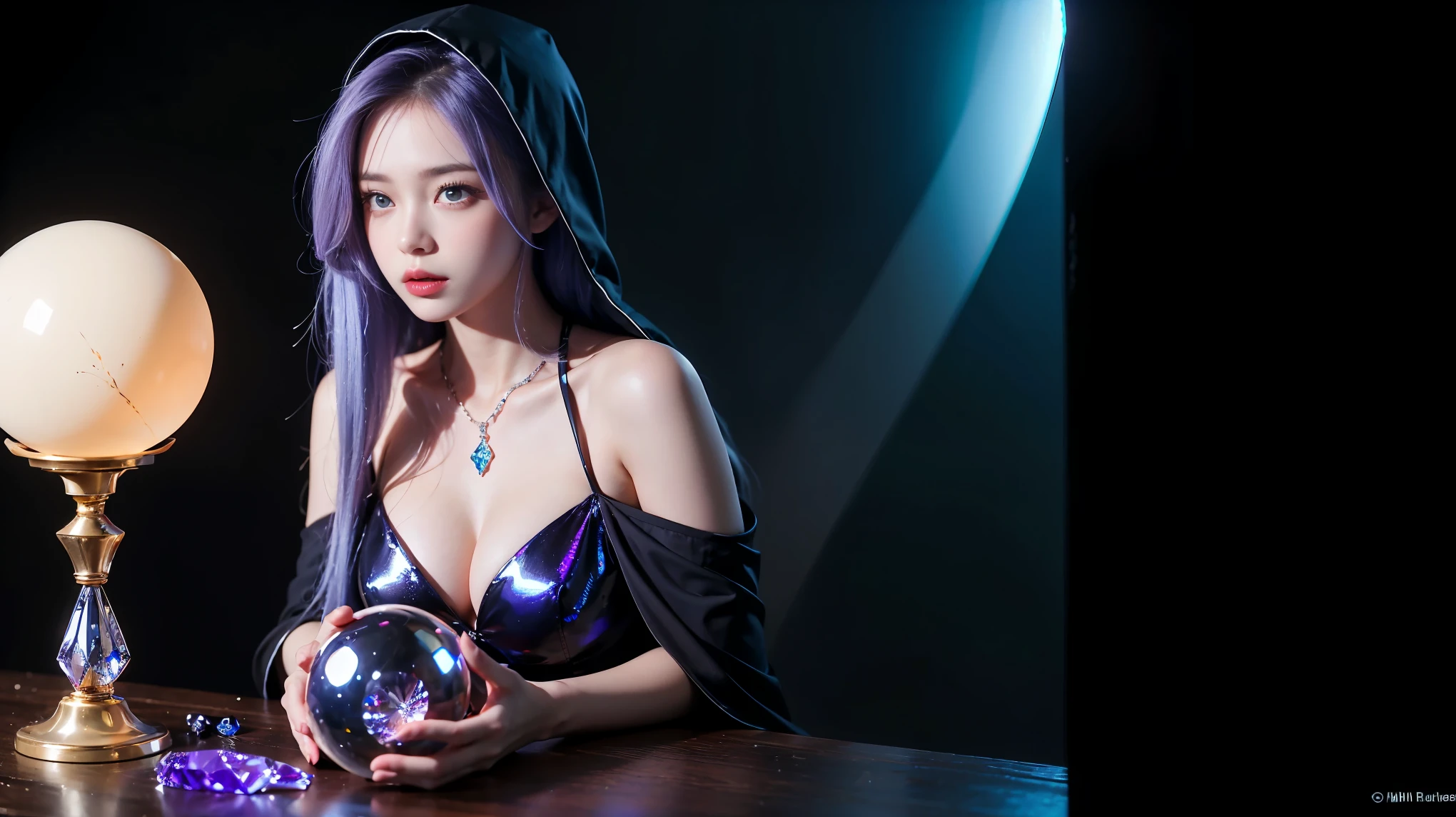 (and soul)(secondary elements)1 girl、blue hair、hair length、blue eyes、Gradient eyes、sparkling eyes、bright pupils、Finely tuned、expressive eyes、blue clothes、gem、blue lighting、blue theme、(form:1.5)、abstract、highest quality、Super detailed、(((Holding a crystal ball)))、8K,超realistic,(table top, highest quality) Daniela Dimitrescu, 1 female, looking for at Viewer, open your mouth, background, cleavage, real looking skin,jewelry, medium small breasts, looking for, Upper body, flower, wing, hood, necklace, cape, good, compensate, bug, Lipstick, Inside the Black Cave, Precious stones, pale skin, veil, hood up, realistic, black lips,超A high resolution,Purple Flame(Purple Effect)