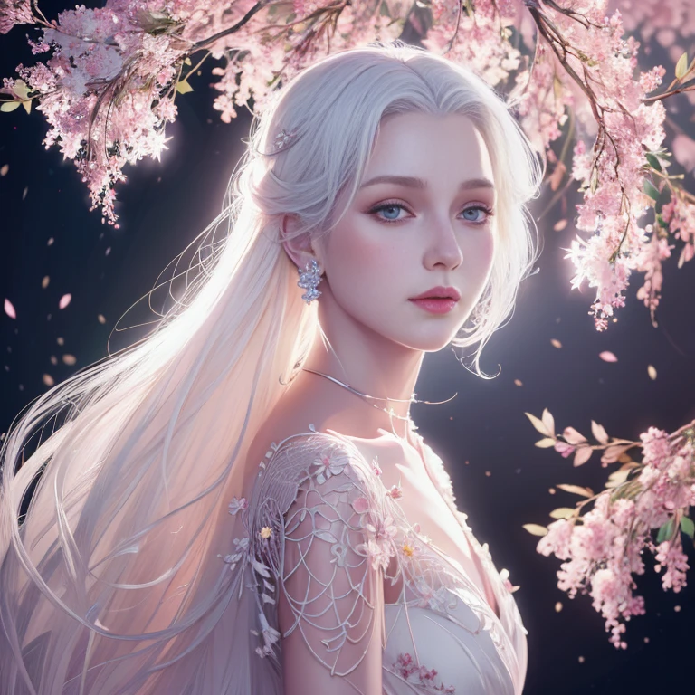 blonde woman with white hair, dressed in an elegant dress made of pale pink flowers and leaves, digital art in the style of James Jean, fantasy style, ultra detailed, concept design, soft light, vibrant, dark fantasy, painting