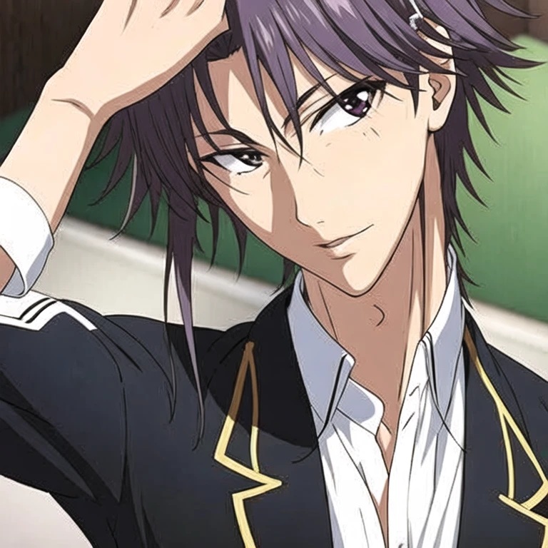 (masterpiece, best quality:1.2), 1boy, solo, male focus, purple gray hair,Hair parted in the middle,The ends of the hair are slightly raised