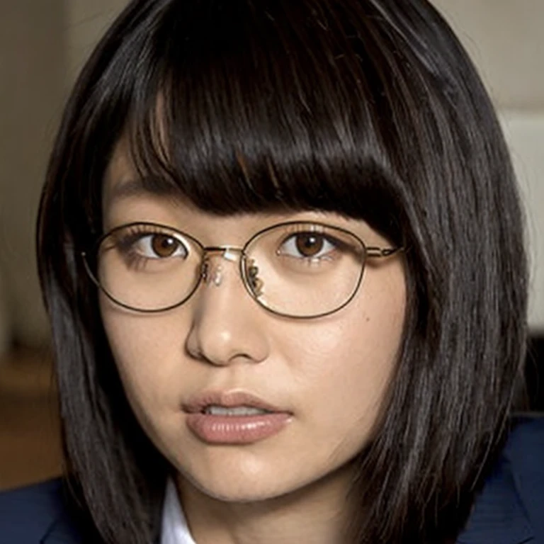(masterpiece, best quality:1.2), best image quality, Super high resolution, 1girl, glasses, solo, beautiful face, Announcer in a tight suit with long sleeves, short hair, big breasts, Sitting in the studio, cowboy shot