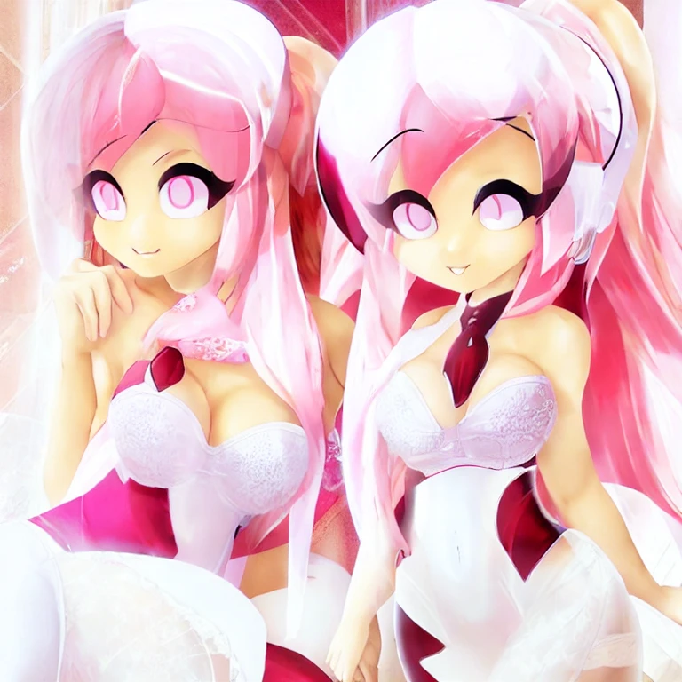 (masterpiece, best quality:1.2), 1girl, solo, Ami, pink hair, pink eyes, white clothing ,cute, female curves, seductive eyes,happy,