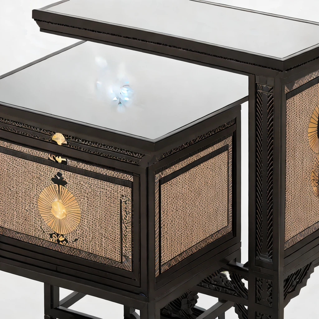 Indochine furniture material design, (indochine style:1.2), (black wooden furnitures:1.5), interior design, (indochine furniture motif style), (An Cuong black Wooden Furniture indochine Style), (Black wooden frame decorated with Indochine motif), (An Cuong black wood with MDF surface glued with melamine coating), (Dark herringbone wood floors), (architectural visualization style:1.2), (reflection), (focus on object), (material normal bump real reflection), (scattered light) ((((volumetric light))), (spotlight), (hidden light) (light ray), (multi-beam light), (sunbeam) (multi-level reflection),, (corona software visualization render:1.2),