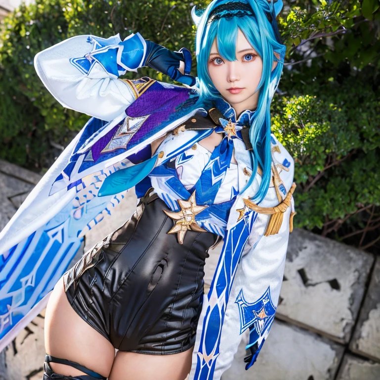 (masterpiece, best quality:1.2), 1girl, solo,genshineula, <lora:genshin eula ingame-lora-nochekaiser:1>,eula, bangs, hair ornament, hair between eyes, blue hair, (purple eyes:1.1), sidelocks, hairband, medium hair, black hairband,BREAK thighhighs, gloves, long sleeves, necktie, black gloves, cape, leotard, blue necktie, vision \(genshin impact\),BREAK outdoors,BREAK looking at viewer, (cowboy shot:1.5),BREAK <lyco:GoodHands-beta2:1>, (masterpiece:1.2), best quality, high resolution, unity 8k wallpaper, (illustration:0.8), (beautiful detailed eyes:1.6), extremely detailed face, perfect lighting, extremely detailed CG, (perfect hands, perfect anatomy),