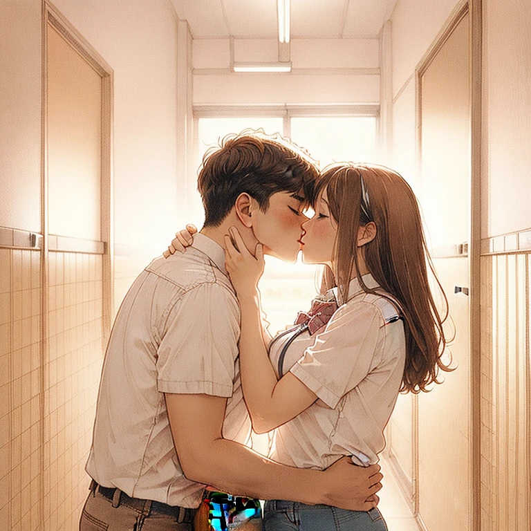 (masterpiece, best quality:1.2), a couple is kissing, a men is kissing a girl, a men embraces a girl, blushing, cinematic lighting, kissing scene, cinematic scenery, sunlight, romantic, soft light, wallpaper, expanding landscape, 1 girl, 1 men
