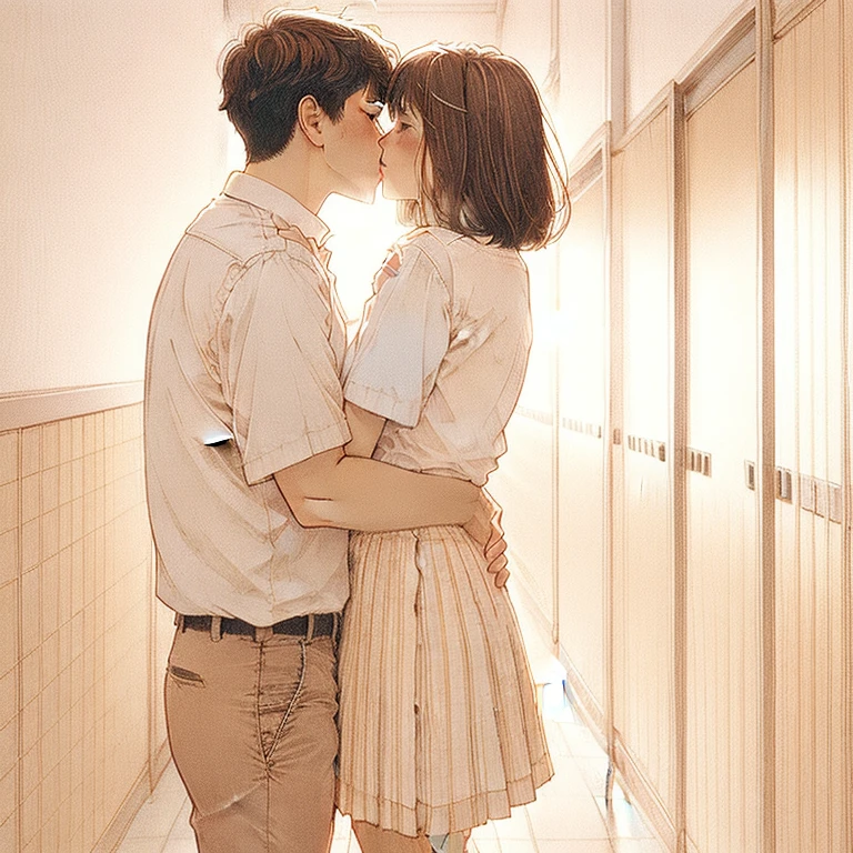 (masterpiece, best quality:1.2), a couple is kissing, a men is kissing a girl, a men embraces a girl, blushing, cinematic lighting, kissing scene, cinematic scenery, sunlight, romantic, soft light, wallpaper, expanding landscape, 1 girl, 1 men