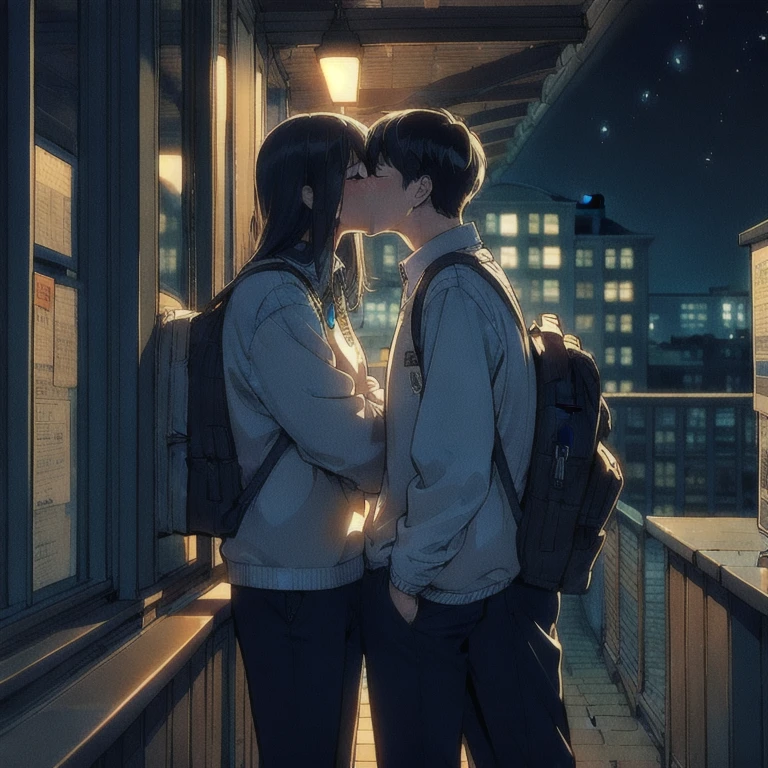 (masterpiece, best quality:1.2), a couple is kissing, a men is kissing a girl, romantic, romantic scenery, cinematic lighting, kissing scene, cinematic scenery, sunlight, romantic, soft light, wallpaper, expanding landscape, 1 girl, 1 men, student
