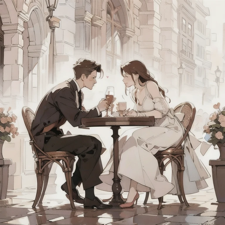 (masterpiece, best quality:1.2), a men and a girl are having a date, they is sitting at a table and eating, talking with each other, outdoor date, romantic, romantic scenery, cinematic lighting, kissing scene, cinematic scenery, sunlight, romantic, soft light, wallpaper, expanding landscape, 1 girl, 1 men, full body