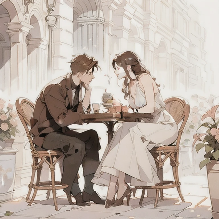 (masterpiece, best quality:1.2), a men and a girl are having a date, they is sitting at a table and eating, talking with each other, outdoor date, romantic, romantic scenery, cinematic lighting, kissing scene, cinematic scenery, sunlight, romantic, soft light, wallpaper, expanding landscape, 1 girl, 1 men, full body