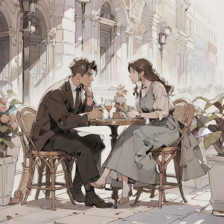 (masterpiece, best quality:1.2), a men and a girl are having a date, they is sitting at a table and eating, talking with each other, outdoor date, romantic, romantic scenery, cinematic lighting, kissing scene, cinematic scenery, sunlight, romantic, soft light, wallpaper, expanding landscape, 1 girl, 1 men, full body