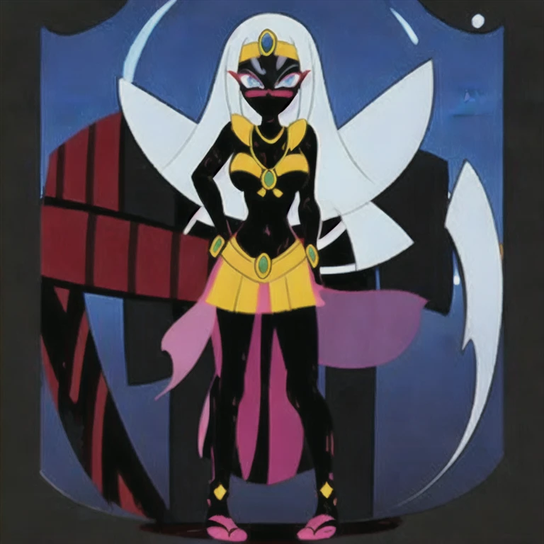 (masterpiece, best quality:1.2), 1girl, solo, Tyr'ahnee, black skin, silver hair, hand on hips, big tiara, necklace, bikini, bracelets, transparent harem skirt, no mouth, cartoon, makeup