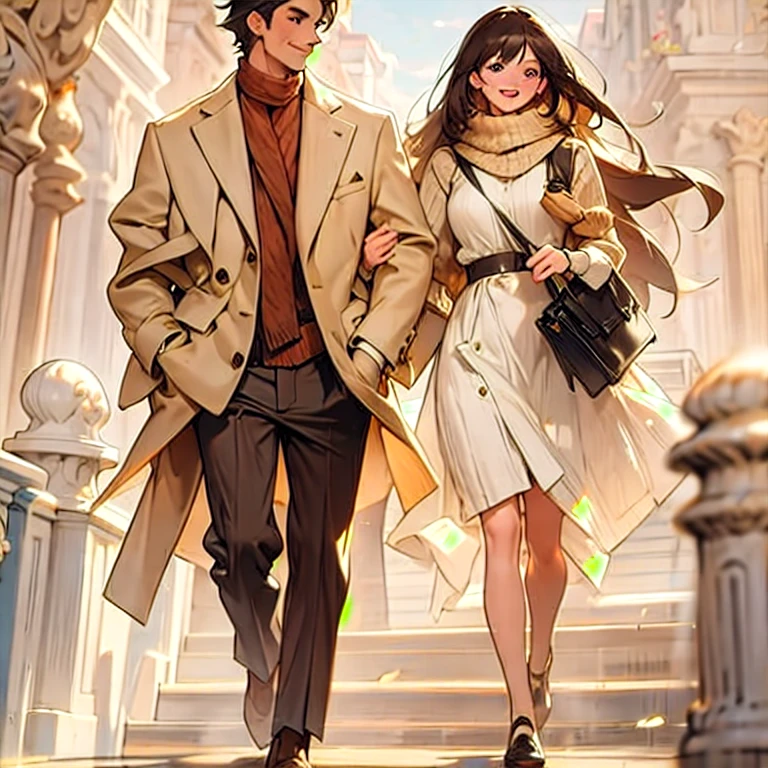 (masterpiece, best quality:1.2), a men and a girl are taking a walk together, the men is looking and smiling at the girl, the girl is holding the men's hand and talking, outdoor date, walking on the street, romantic, romantic scenery, cinematic lighting, kissing scene, cinematic scenery, sunlight, romantic, soft light, wallpaper, expanding landscape, 1 girl, 1 men, full body