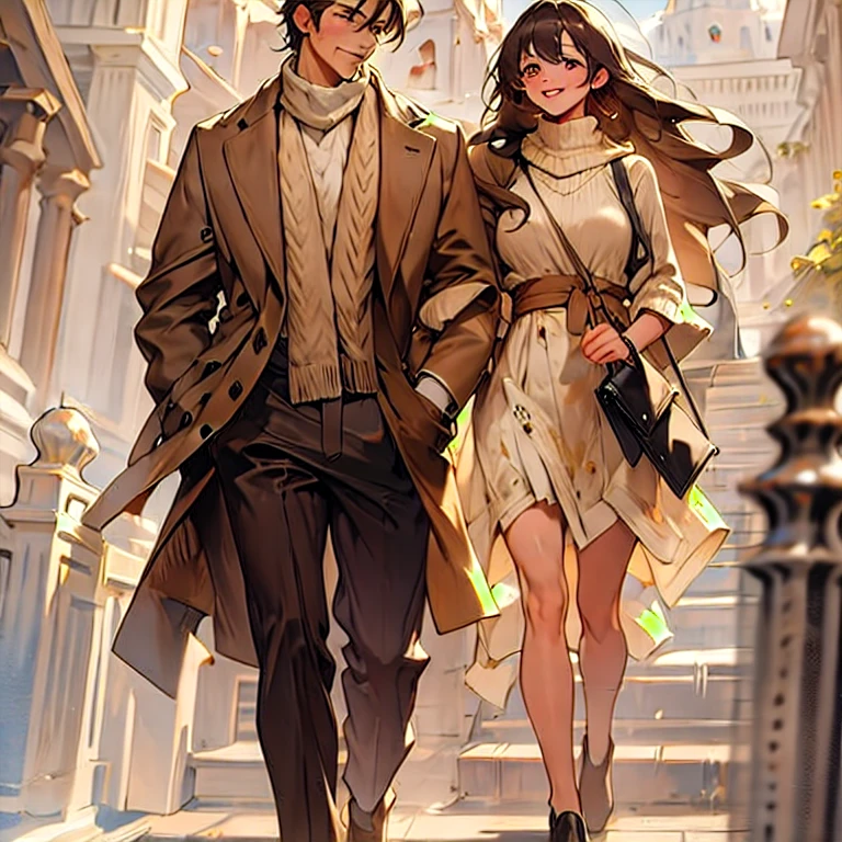 (masterpiece, best quality:1.2), a men and a girl are taking a walk together, the men is looking and smiling at the girl, the girl is holding the men's hand and talking, outdoor date, walking on the street, romantic, romantic scenery, cinematic lighting, kissing scene, cinematic scenery, sunlight, romantic, soft light, wallpaper, expanding landscape, 1 girl, 1 men, full body