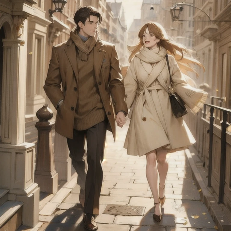 (masterpiece, best quality:1.2), a men and a girl are taking a walk together, the men is looking and smiling at the girl, the girl is holding the men's hand and talking, outdoor date, walking on the street, romantic, romantic scenery, cinematic lighting, kissing scene, cinematic scenery, sunlight, romantic, soft light, wallpaper, expanding landscape, 1 girl, 1 men, full body