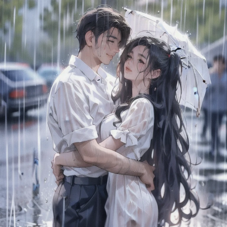 (masterpiece, best quality:1.2), a men and a girl are on a rain, a men is covering a girl from raining by his hand, they are wet, wet hair, rainy day, gloomy sky, gloomy rain, couple, romantic, romantic scenery, cinematic lighting, cinematic scenery, romantic, soft light, wallpaper, expanding landscape, 1 girl, 1 men