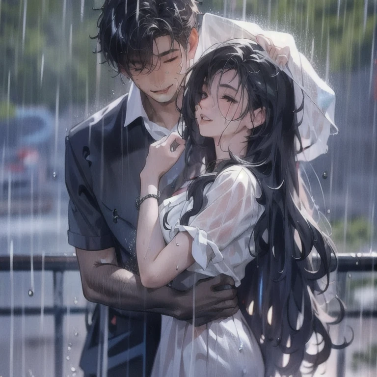 (masterpiece, best quality:1.2), a men and a girl are on a rain, a men is covering a girl from raining by his hand, they are wet, wet hair, rainy day, gloomy sky, gloomy rain, couple, romantic, romantic scenery, cinematic lighting, cinematic scenery, romantic, soft light, wallpaper, expanding landscape, 1 girl, 1 men