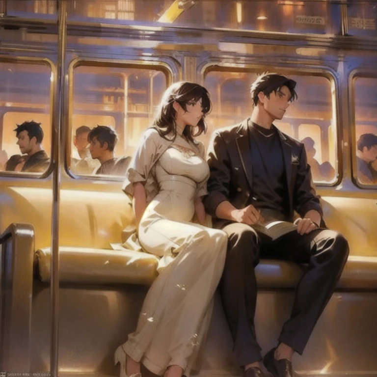 (masterpiece, best quality:1.2), a men and a girl are sitting next to each other in the train, the girl is leaning against the men, couple, romantic, sweet, romantic scenery, cinematic lighting, cinematic scenery, romantic, soft light, wallpaper, expanding landscape, 1 girl, 1 men, full body