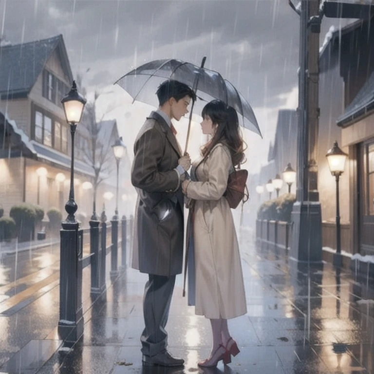(masterpiece, best quality:1.2), a men is sharing an umbrella with a girl, they are facing to each other, raining, gloomy sky, couple, romantic, sweet, romantic scenery, cinematic lighting, cinematic scenery, romantic, soft light, wallpaper, expanding landscape, 1 girl, 1 men, full body