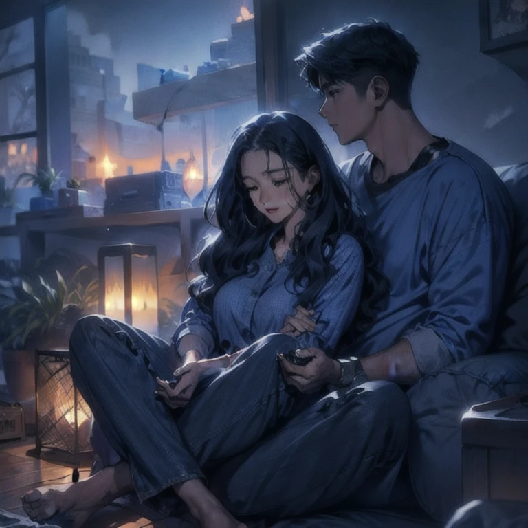 (masterpiece, best quality:1.2), a girl is sitting in a men's lap, the men is sniffing the girl hair holding her, couple, romantic, sweet, romantic scenery, cinematic lighting, cinematic scenery, romantic, soft light, wallpaper, expanding landscape, 1 girl, 1 men, full body
