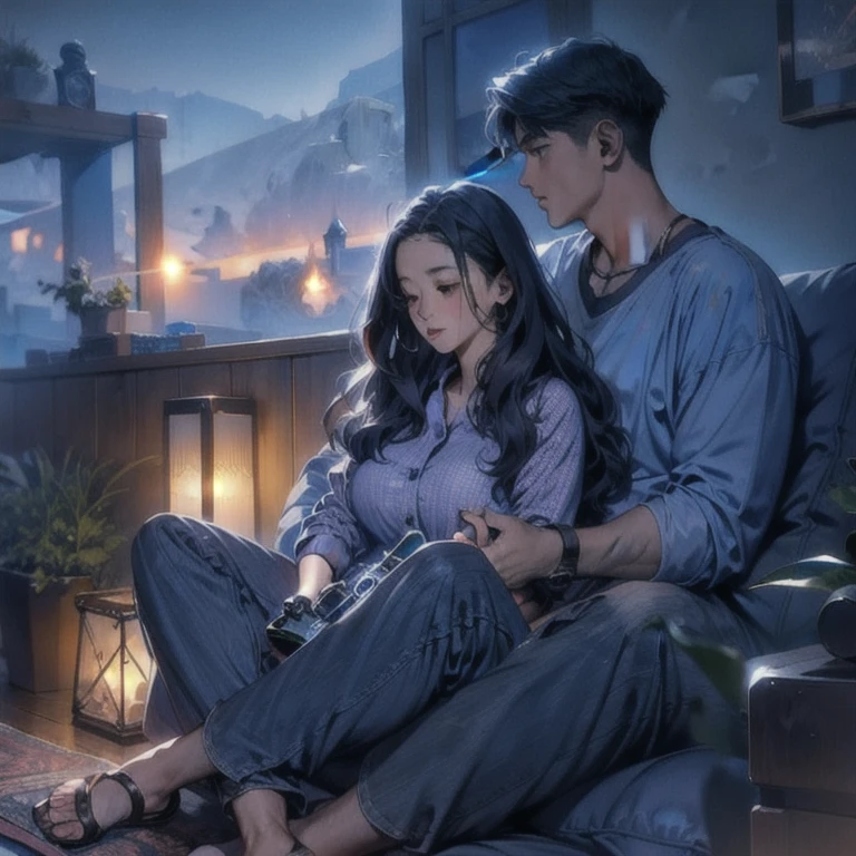 (masterpiece, best quality:1.2), a girl is sitting in a men's lap, the men is sniffing the girl hair holding her, couple, romantic, sweet, romantic scenery, cinematic lighting, cinematic scenery, romantic, soft light, wallpaper, expanding landscape, 1 girl, 1 men, full body