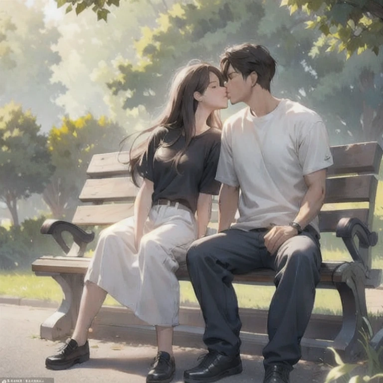 (masterpiece, best quality:1.2), a men and a girl is kissing each other, the men and the girl are sitting on the chair of a park, sunlight, couple, romantic, sweet, romantic scenery, cinematic lighting, cinematic scenery, romantic, soft light, wallpaper, expanding landscape, 1 girl, 1 men, full body