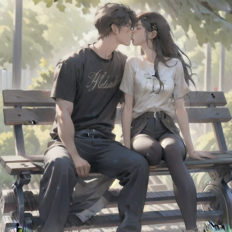 (masterpiece, best quality:1.2), a men and a girl is kissing each other, the men and the girl are sitting on the chair of a park, sunlight, couple, romantic, sweet, romantic scenery, cinematic lighting, cinematic scenery, romantic, soft light, wallpaper, expanding landscape, 1 girl, 1 men, full body