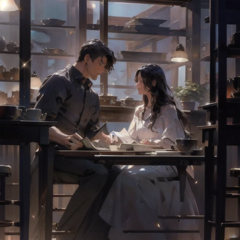 (masterpiece, best quality:1.2), a men and a girl are sitting together to work, soft facial expression, couple, romantic, sweet, romantic scenery, cinematic lighting, cinematic scenery, romantic, soft light, wallpaper, expanding landscape, 1 girl, 1 men, full body
