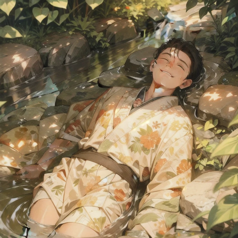 (masterpiece, best quality:1.2), a men is laying down on a stream, smiling, closing eyes, happy facial expression, stream flow, water effects, plants, leafs, cinematic lighting, cinematic scenery, sunlight, soft light, wallpaper, expanding landscape, 1 girl, 1 men, full body
