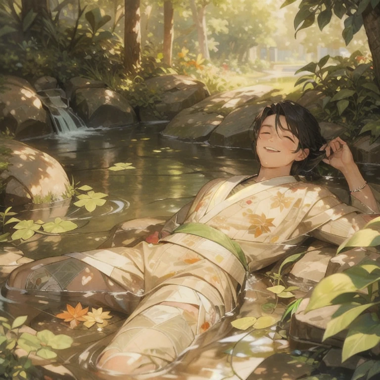 (masterpiece, best quality:1.2), a men is laying down on a stream, smiling, closing eyes, happy facial expression, stream flow, water effects, plants, leafs, cinematic lighting, cinematic scenery, sunlight, soft light, wallpaper, expanding landscape, 1 girl, 1 men, full body